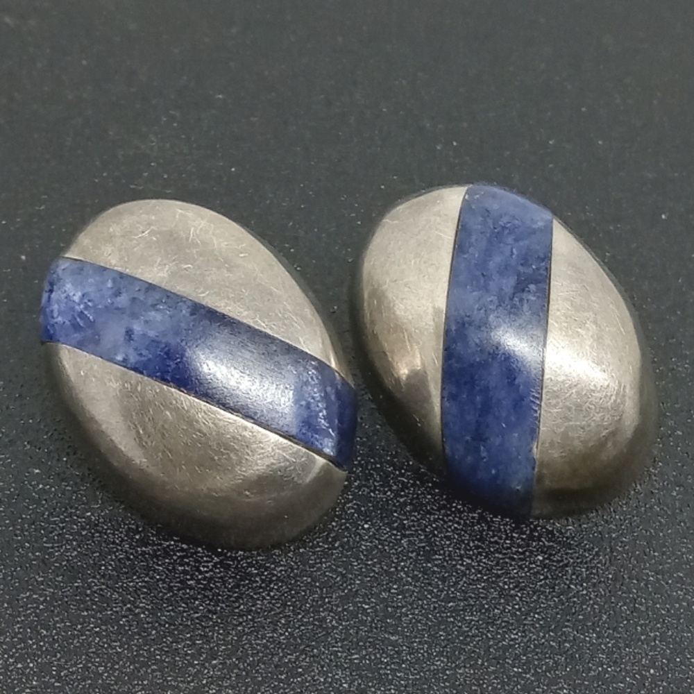* vintage Taxco Mexico 925 sterling & lapis lazuli inlay big oval post earrings